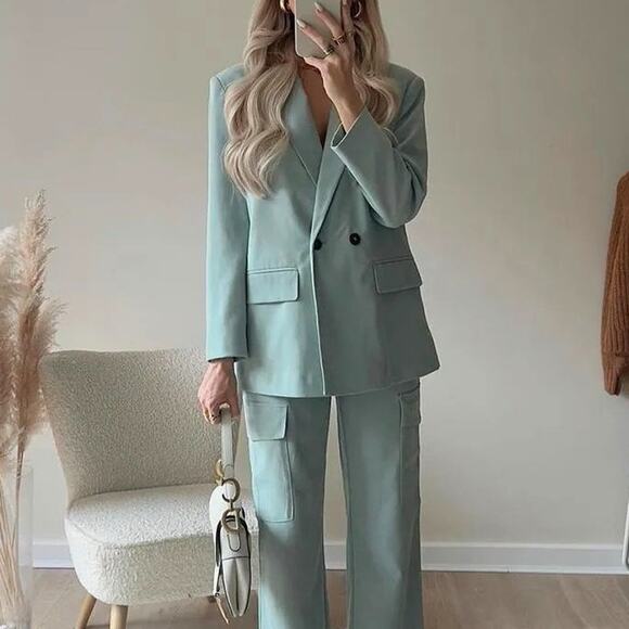 Zara Double Breasted Soft Oversized Blazer Jacket Light Green Shoulder Pads - Picture 9 of 13